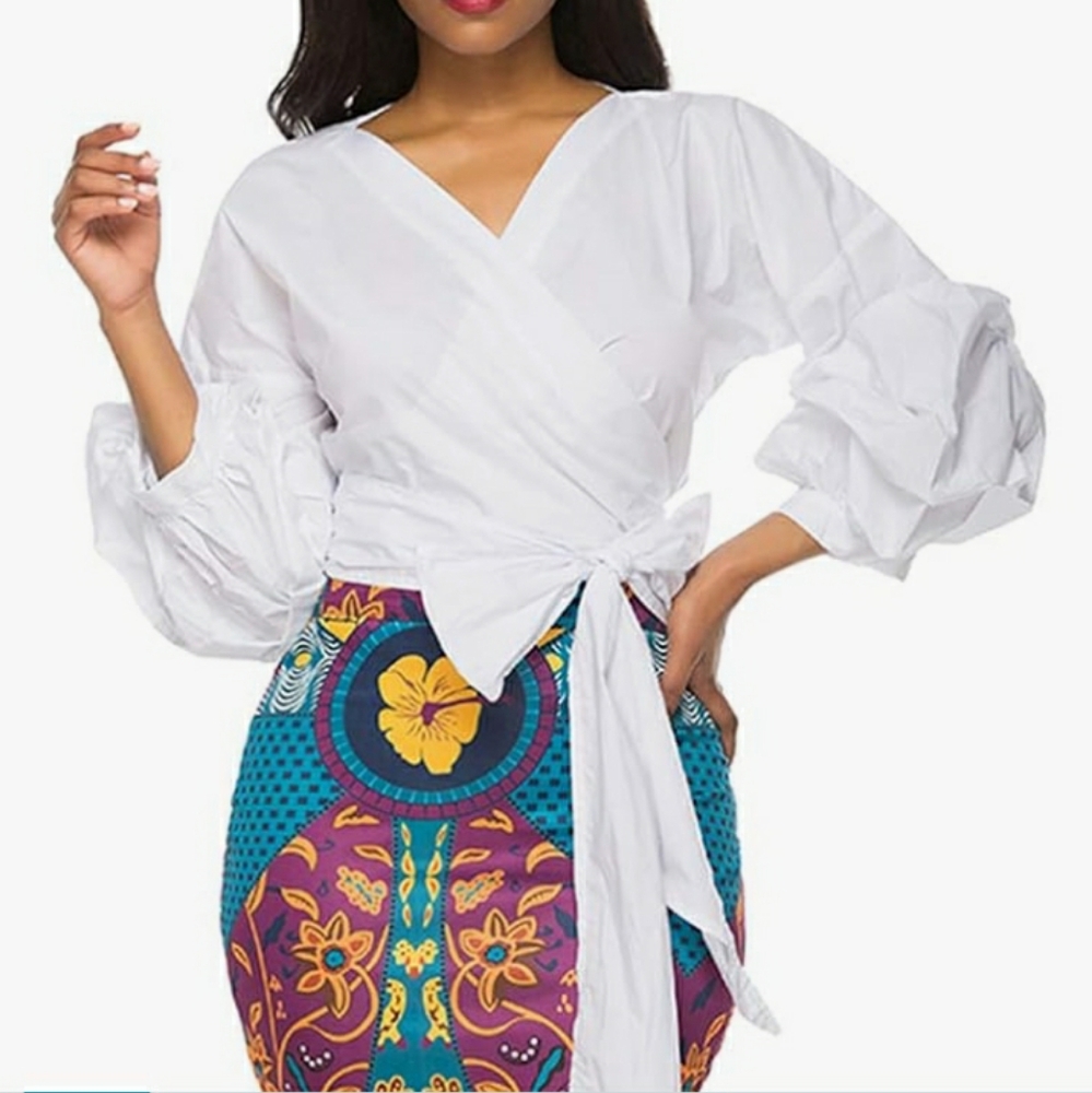Women's Casual Puff sleeve/sash top, white, size Large - Picture 5 of 6